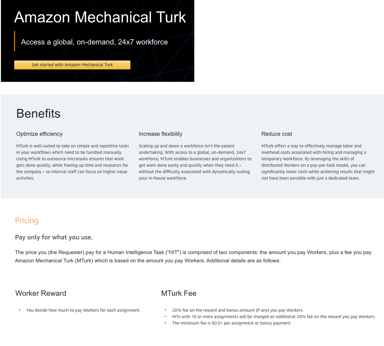 Screenshots from Mechanical Turk’s marketing homepage. Of note is the complete lack of visual representation of arguably one of the largest crowd-sourced workforces in the world.